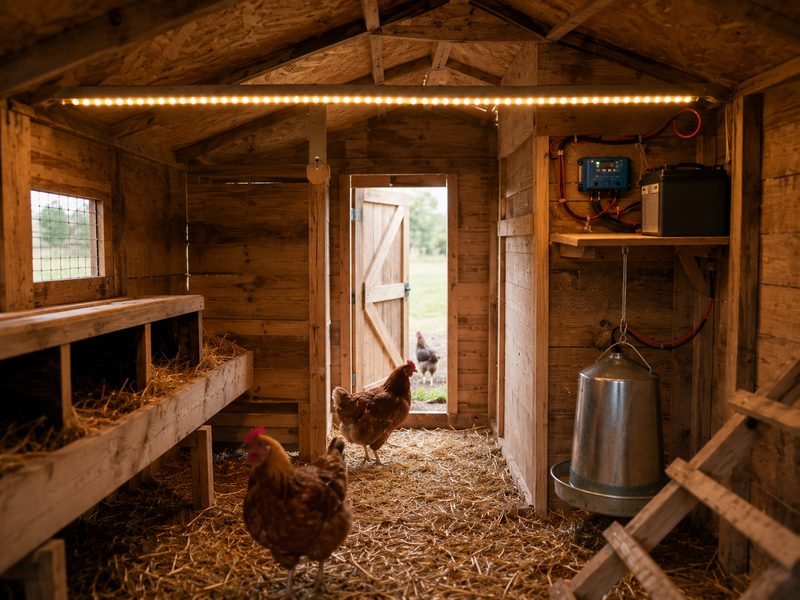 Inside chicken coop with LED strip lights on ceiling beam, charge controller and battery mounted on wall shelf