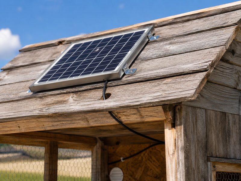Solar panel mounted on chicken coop roof with cable running through weatherproof entry point