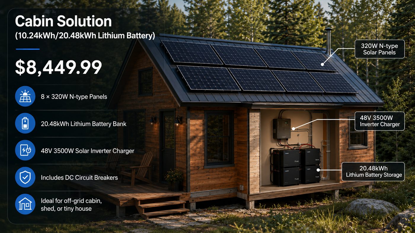 Renogy Cabin Solution specifications — 8 × 320W panels, 20.48kWh battery, 48V 3500W inverter, $8,449.99