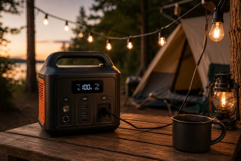 Portable power station at campsite