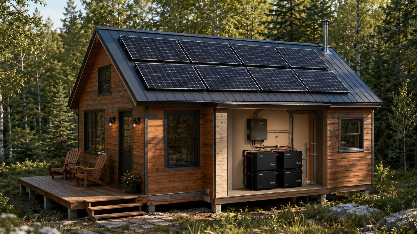 Off-grid cabin with Renogy solar panels and battery bank