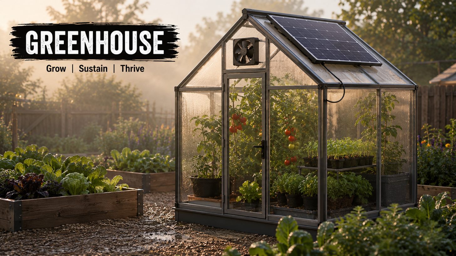 Solar-powered greenhouse with panel on roof and ventilation fan