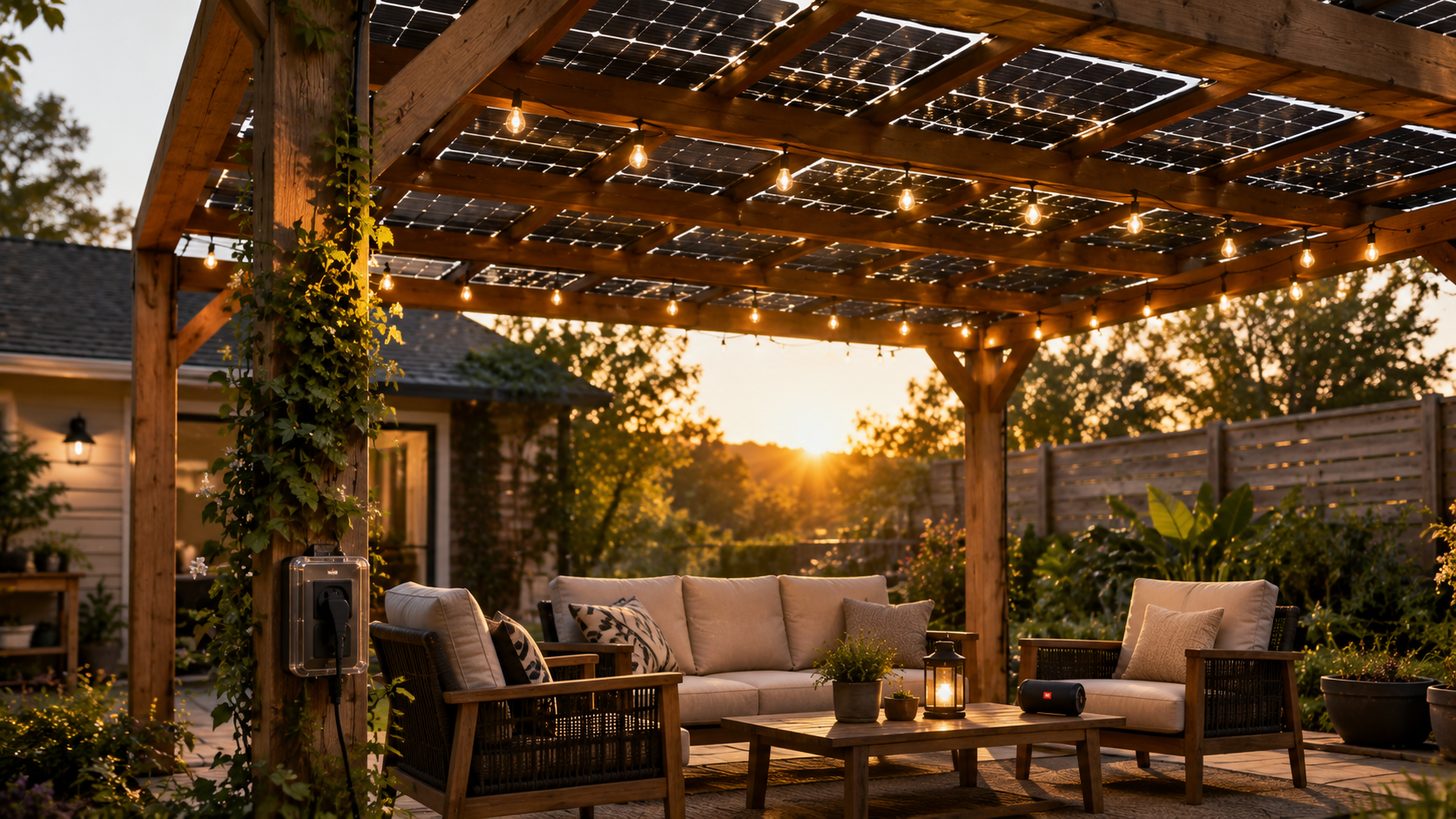 Solar pergola with bifacial panels and string lights at golden hour