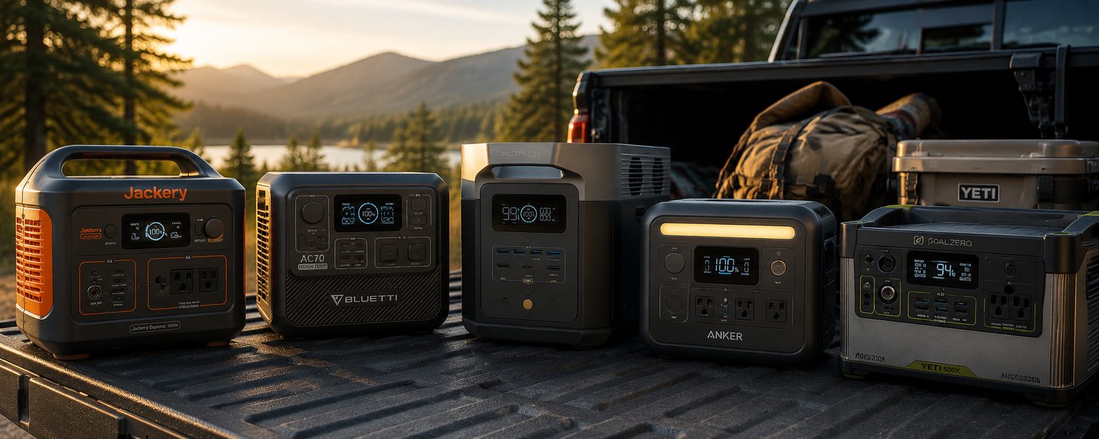 Portable power stations at campsite