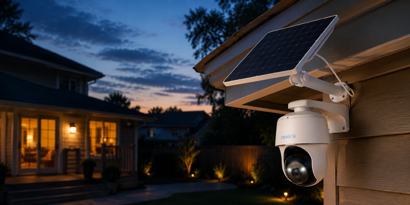 Solar security camera at dusk