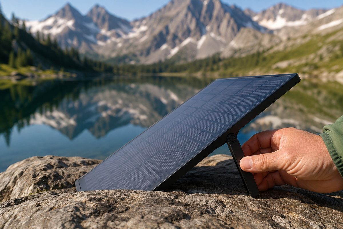 Hand adjusting the angle of a solar panel on a rock to face the sun directly, mountain lake in background