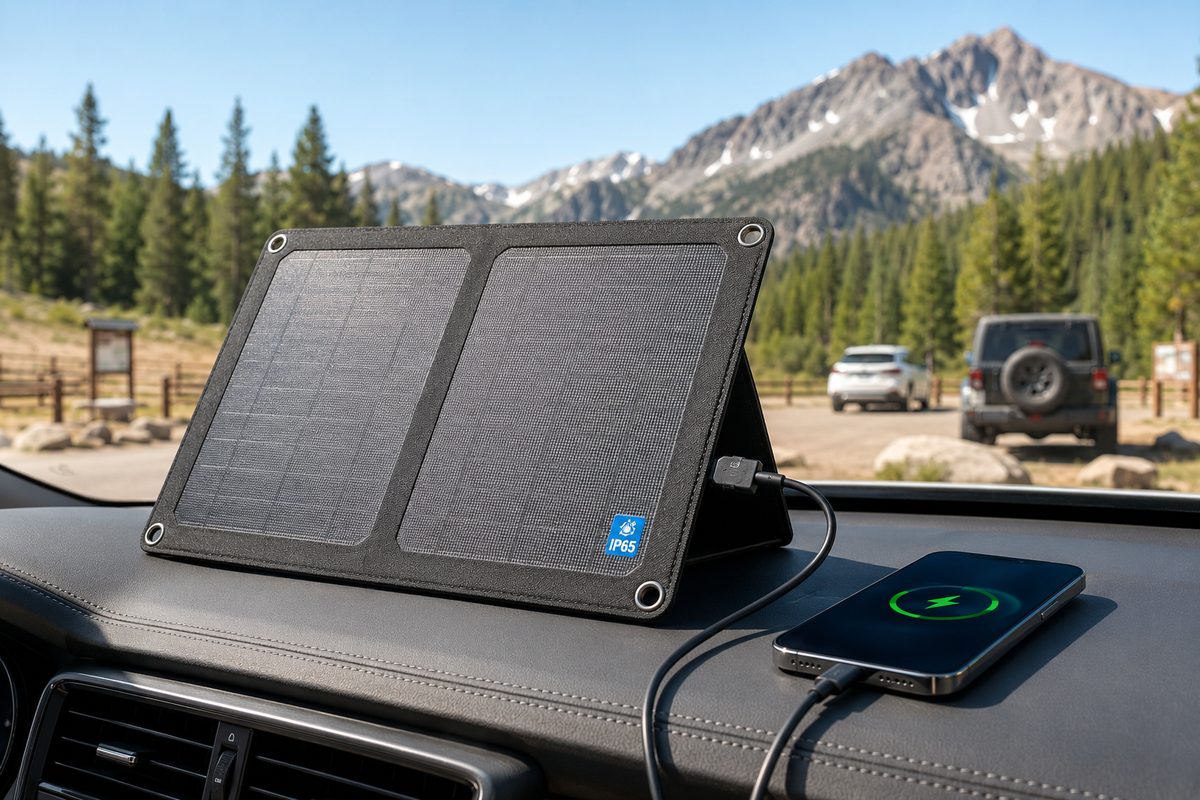 Anker SOLIX PS30 foldable solar panel on a car dashboard with IP65 badge visible, charging a phone via USB-C