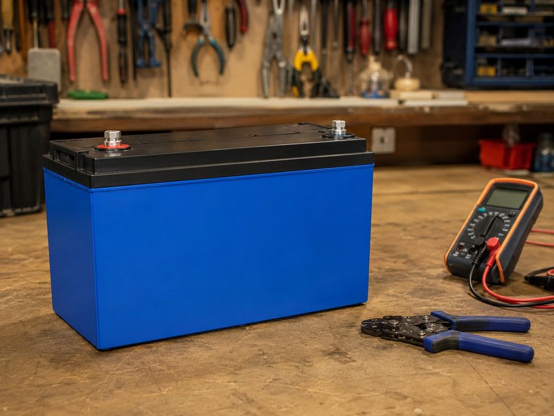 12V 100Ah LiFePO4 battery on a workshop bench
