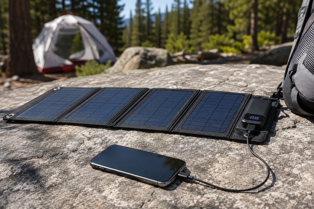BigBlue 28W four-panel solar charger unfolded on granite rock with ammeter display showing charge output
