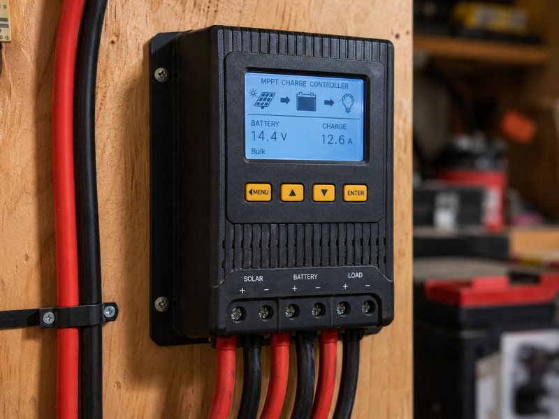 MPPT solar charge controller mounted on wall showing battery voltage and charge current