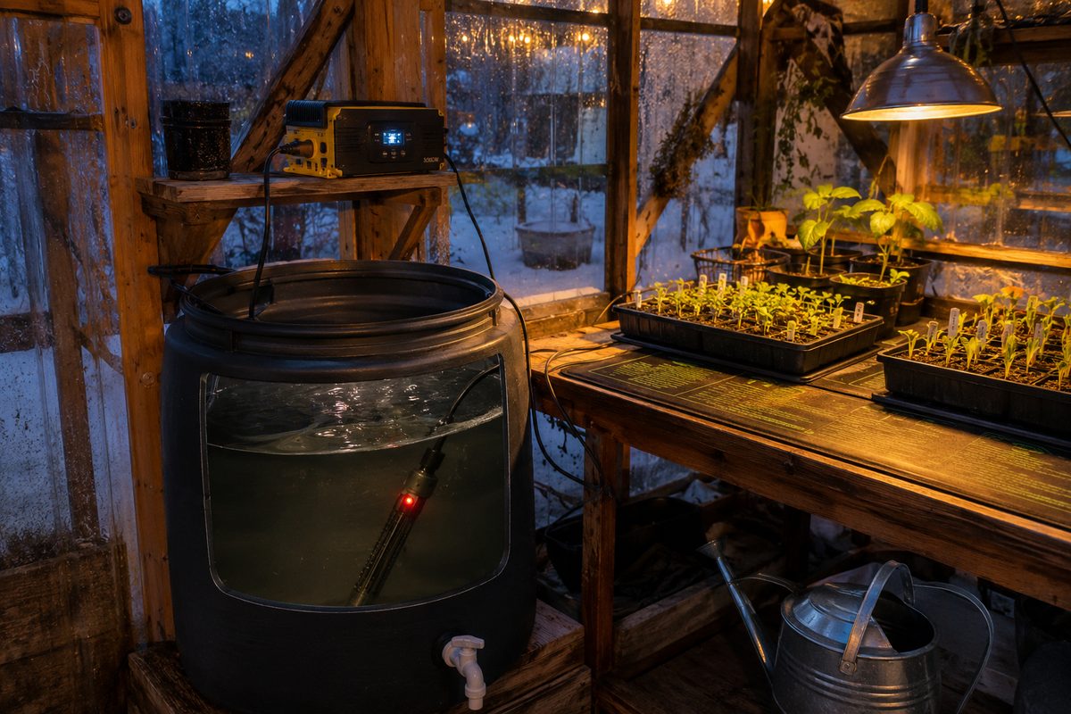 Heated water barrel with submersible heater inside a winter greenhouse, seedlings and grow light nearby