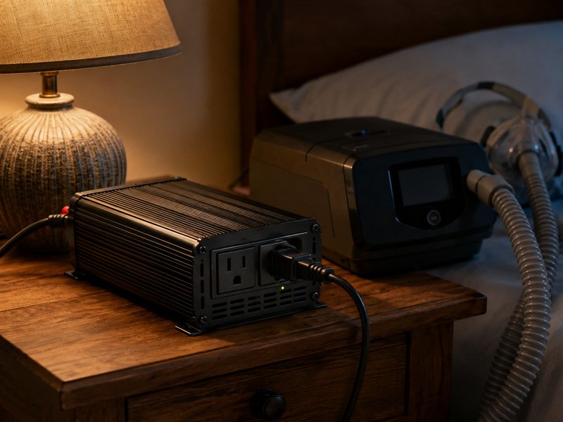 Pure sine wave inverter on a nightstand powering a CPAP machine