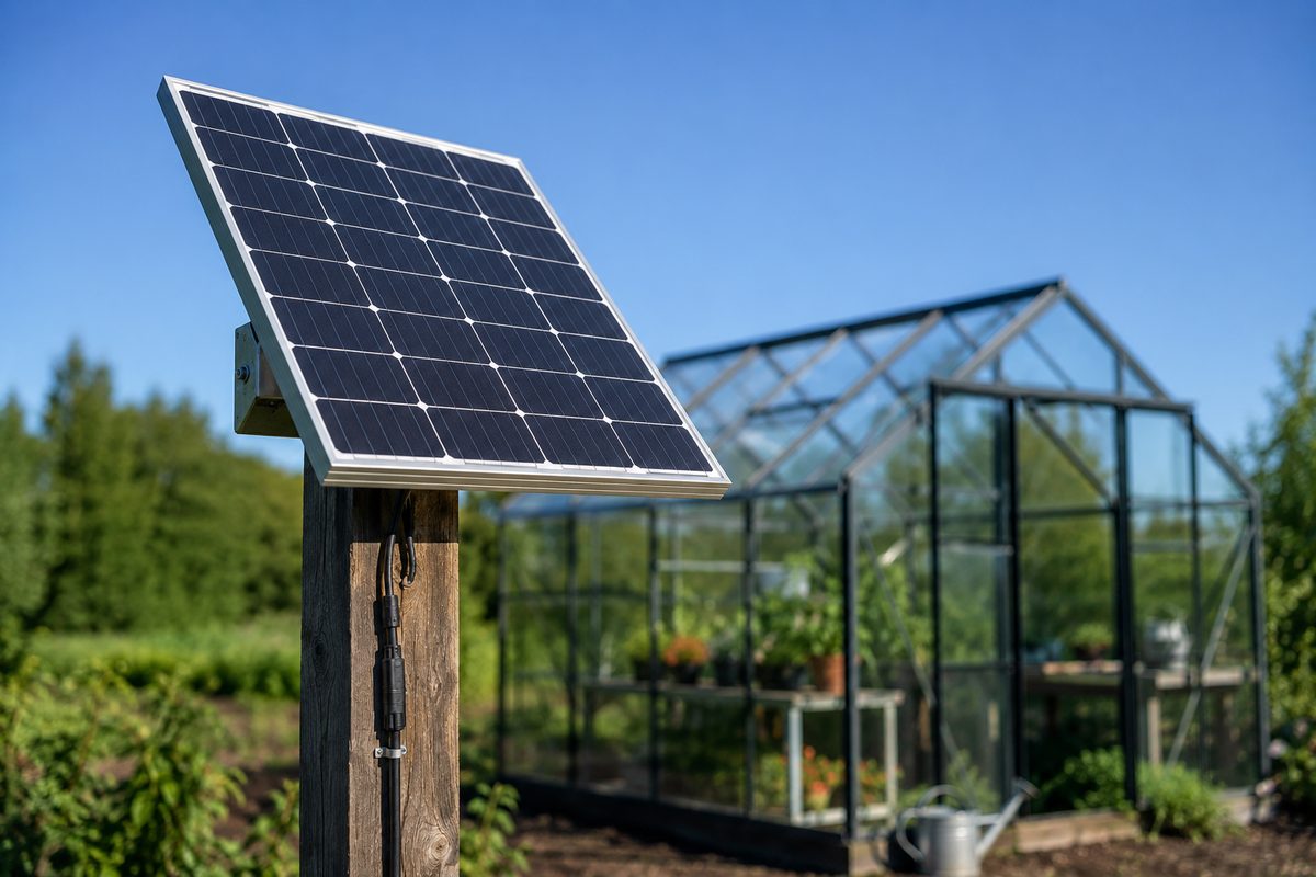 200W monocrystalline solar panel mounted on a wooden post beside a greenhouse