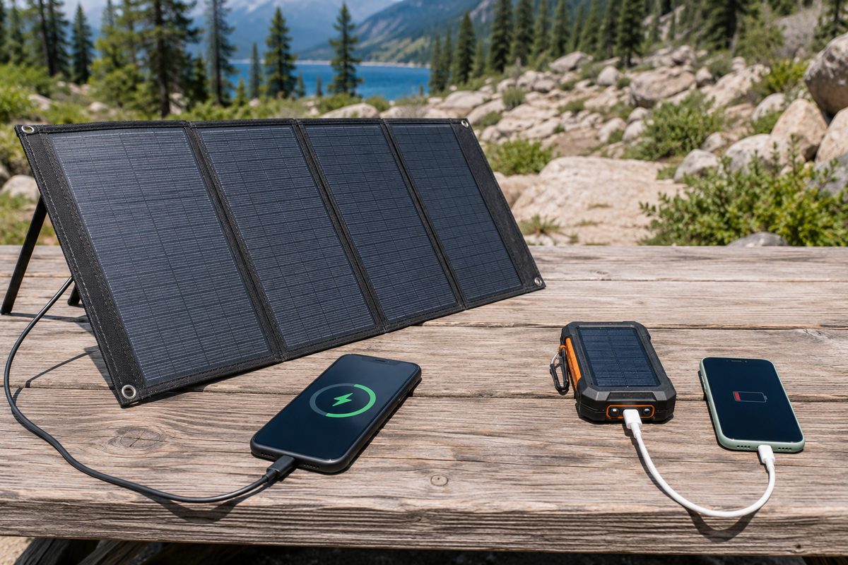 Foldable solar panel compared side by side with a small solar power bank on a camp table