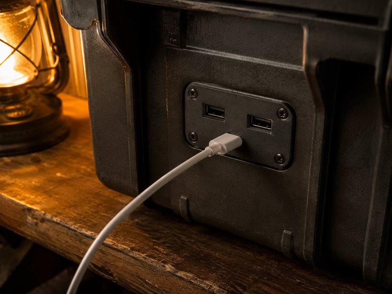 Flush-mounted USB charging ports on a rugged case with a cable plugged in