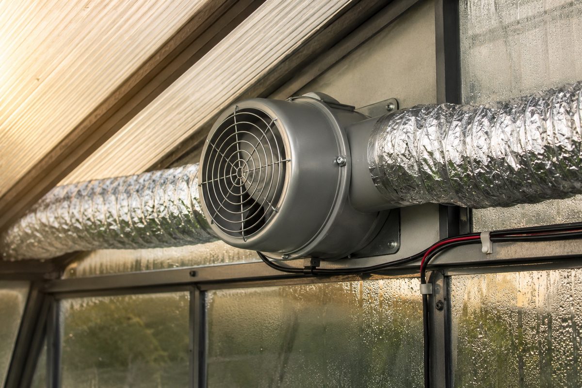 12V inline duct fan installed high on a greenhouse wall with flexible aluminum ducting