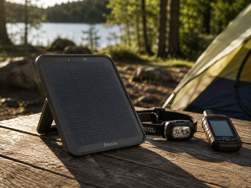 BioLite solar panel on kickstand at campsite with headlamp and GPS