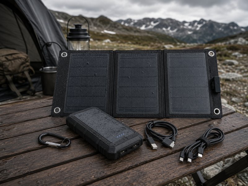Solar charging kit with panel, power bank, and cables on camp table