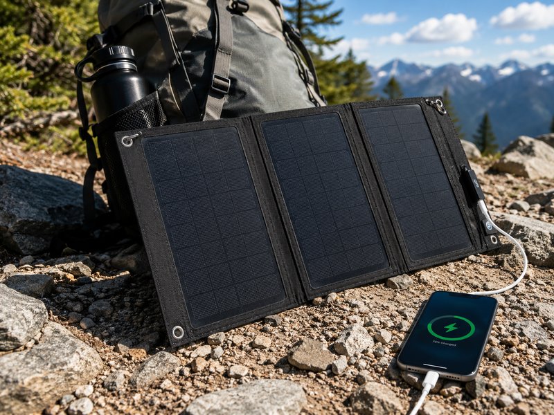 Foldable solar panel charging a phone on a mountain trail