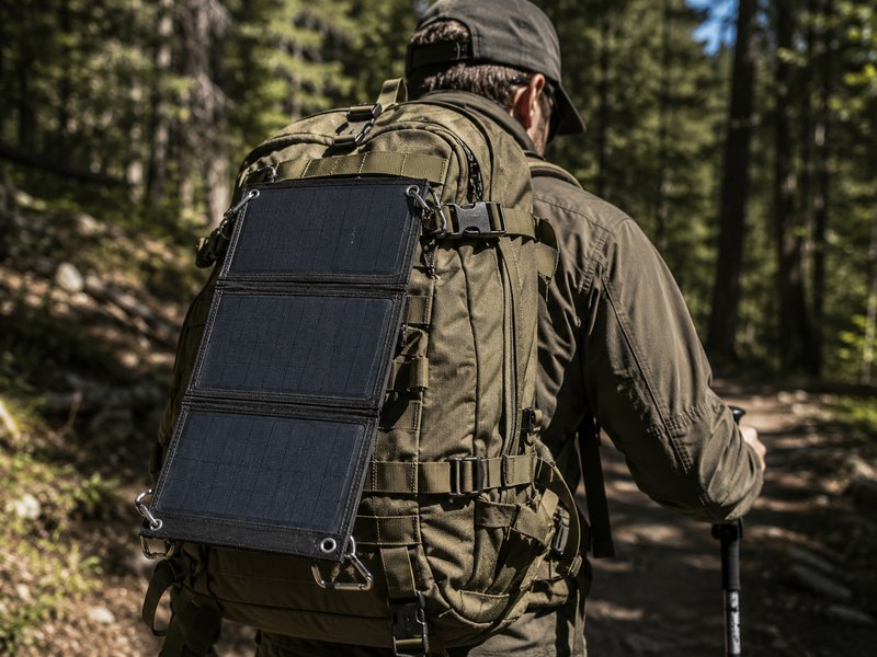 Solar panel lashed to tactical backpack on forest trail