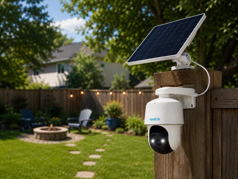 Solar security camera on backyard fence post