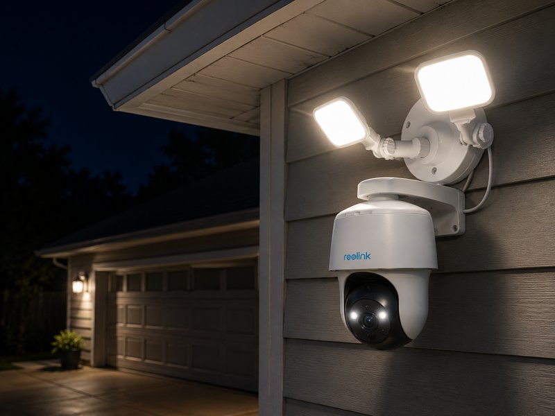 Solar floodlight security camera illuminated at night
