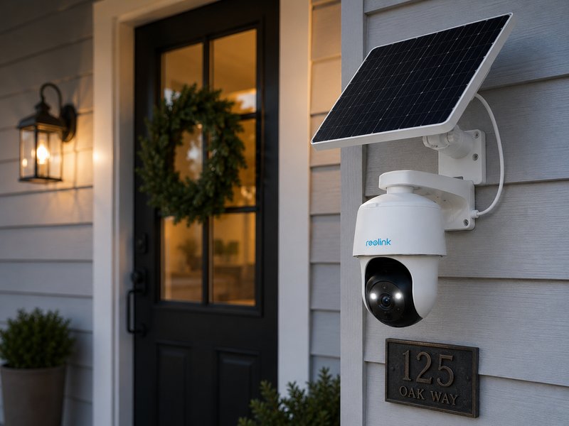 Reolink solar security camera beside a front door