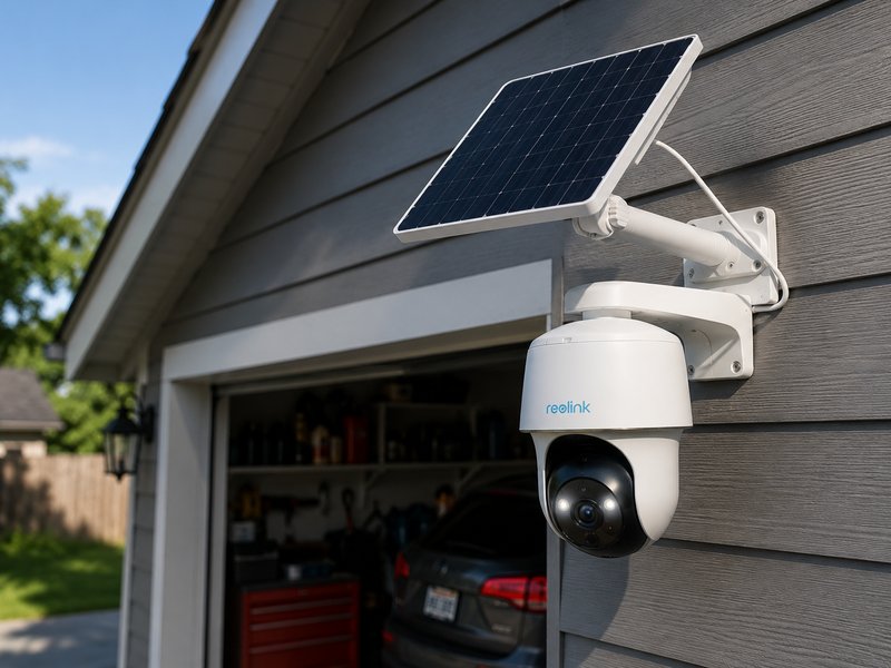 Reolink PTZ solar camera mounted on garage exterior