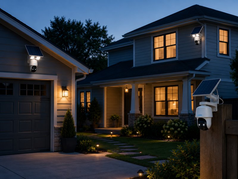 Multiple solar security cameras covering a property