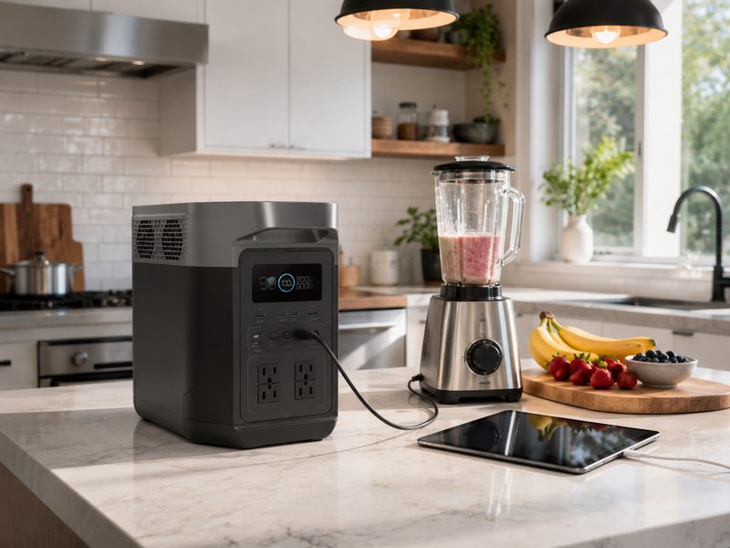 EcoFlow DELTA 2 on kitchen counter powering blender