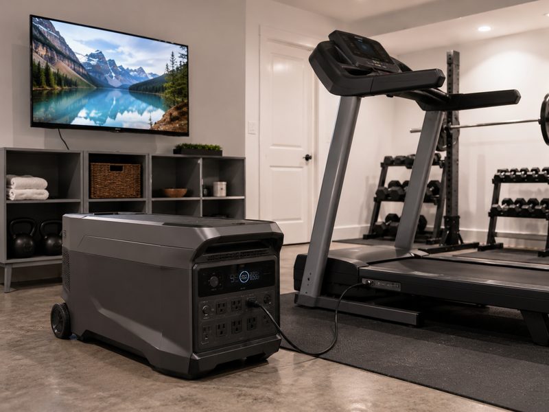 EcoFlow DELTA Pro 3 in basement gym powering treadmill
