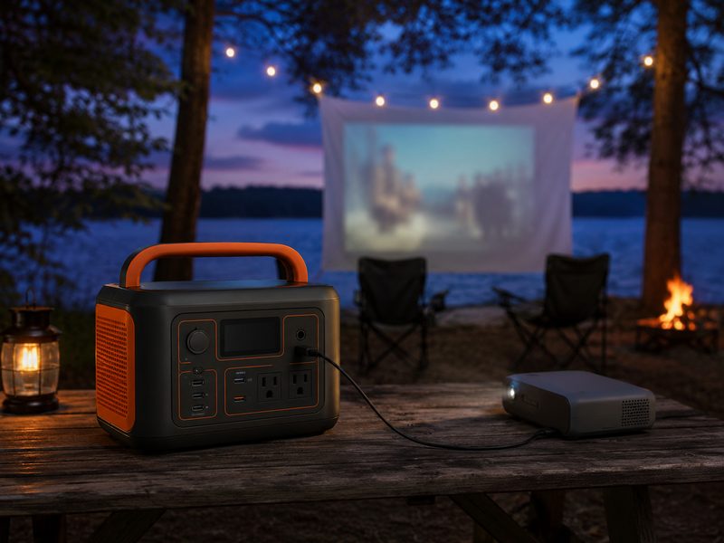 Jackery Explorer 1000 v2 powering projector at lakeside