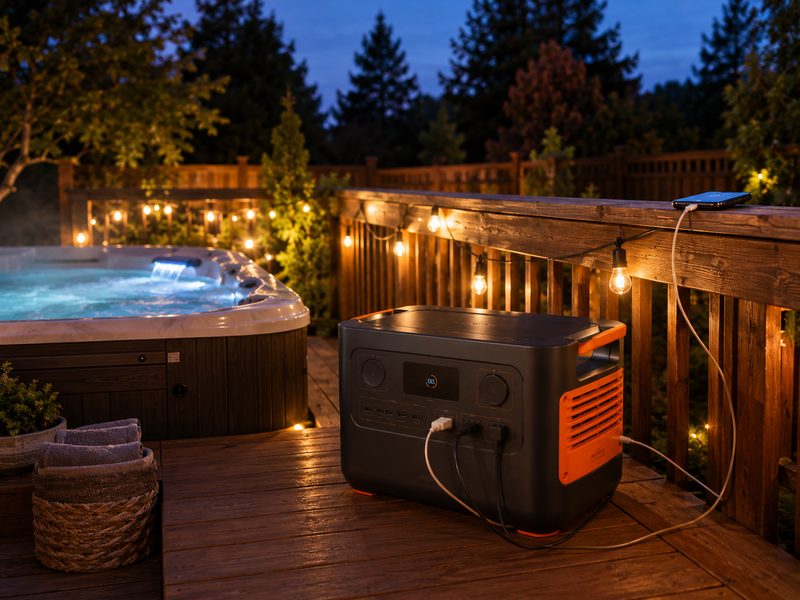 Jackery Explorer 2000 v2 on deck with hot tub and string lights