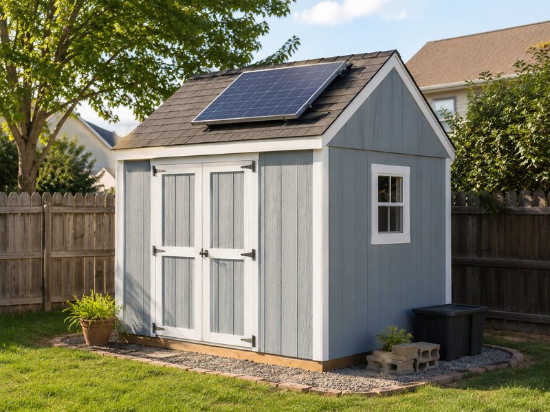 Solar panel on suburban backyard shed