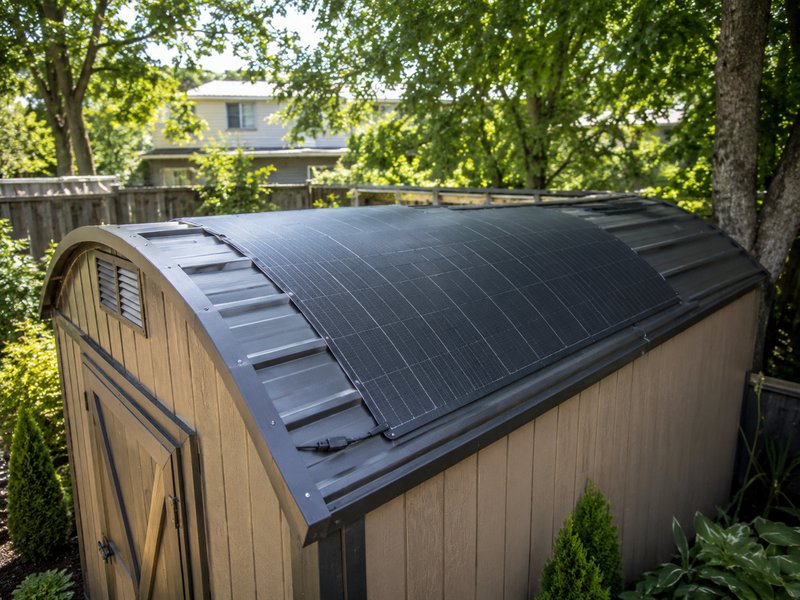 Flexible solar panel on curved shed roof