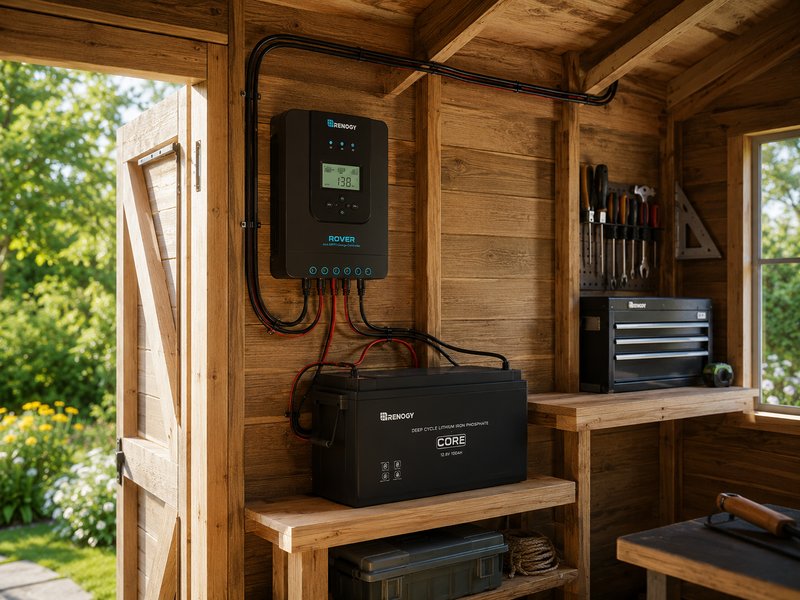 Charge controller and battery mounted inside a shed