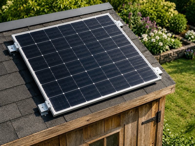 Rigid solar panel mounted on shed roof with Z-brackets